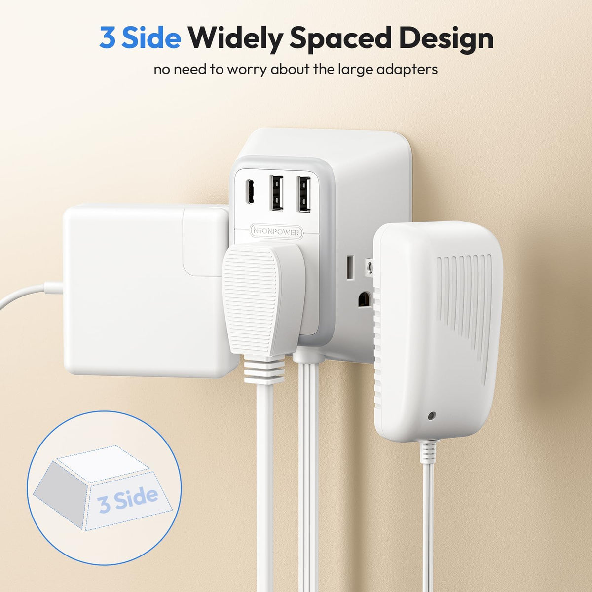 NTONPOWER three-sided outlets detail preventing adapter crowding and enabling multiple plugs