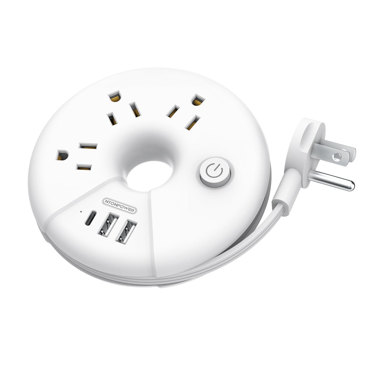 NTONPOWER travel power strip with three outlets and USB-C port for hotel room charging