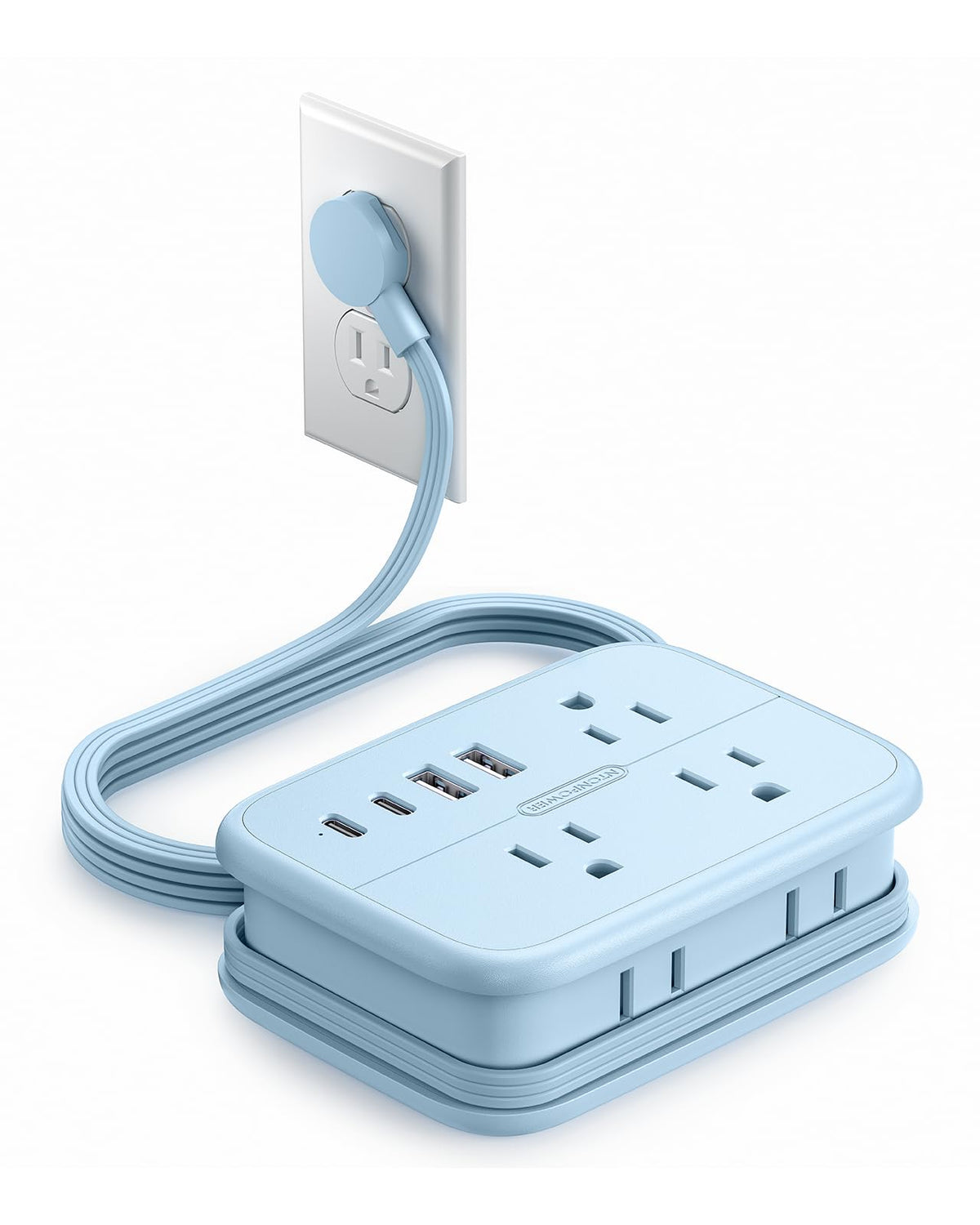 NTONPOWER travel power strip with six outlets and USB ports for versatile charging.
