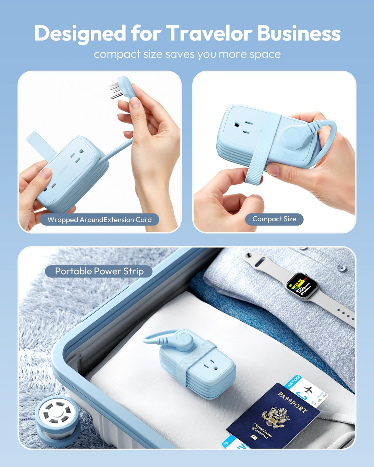 NTONPOWER travel power strip flat plug demonstrates space-saving design for crowded outlets.
