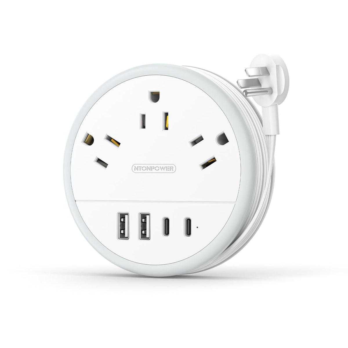 NTONPOWER travel power strip front view with 3 outlets and 2 USB-C ports for cruises