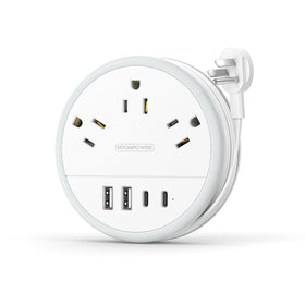 NTONPOWER travel power strip front view with 3 outlets and 2 USB-C ports for cruises