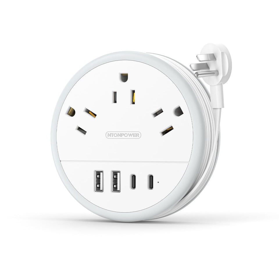 NTONPOWER travel power strip front view with 3 outlets and 2 USB-C ports for cruises