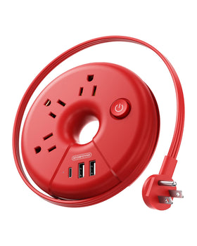 NTONPOWER travel power strip in red with USB ports for easy charging on the go.