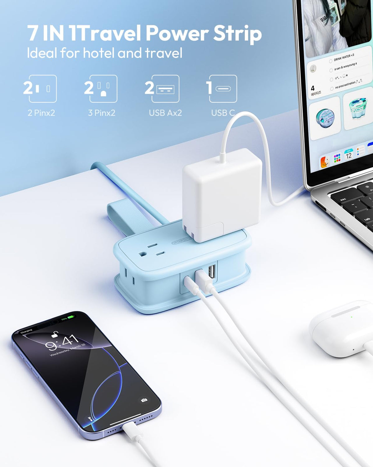 NTONPOWER travel power strip wrap-around cord keeps cords organized during trips and stays.