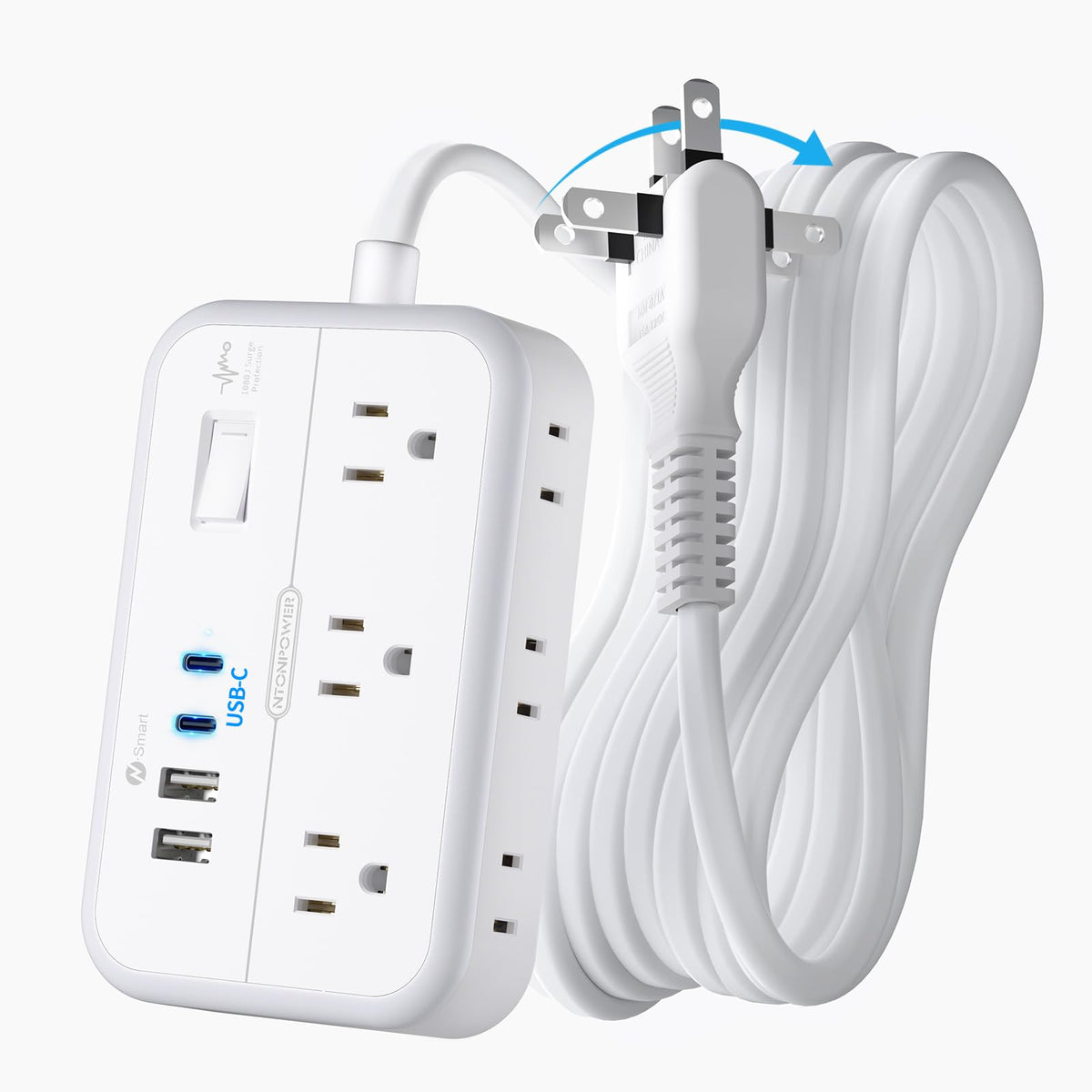 NTONPOWER two-prong to three-prong outlet adapter converting older sockets for safer grounding.