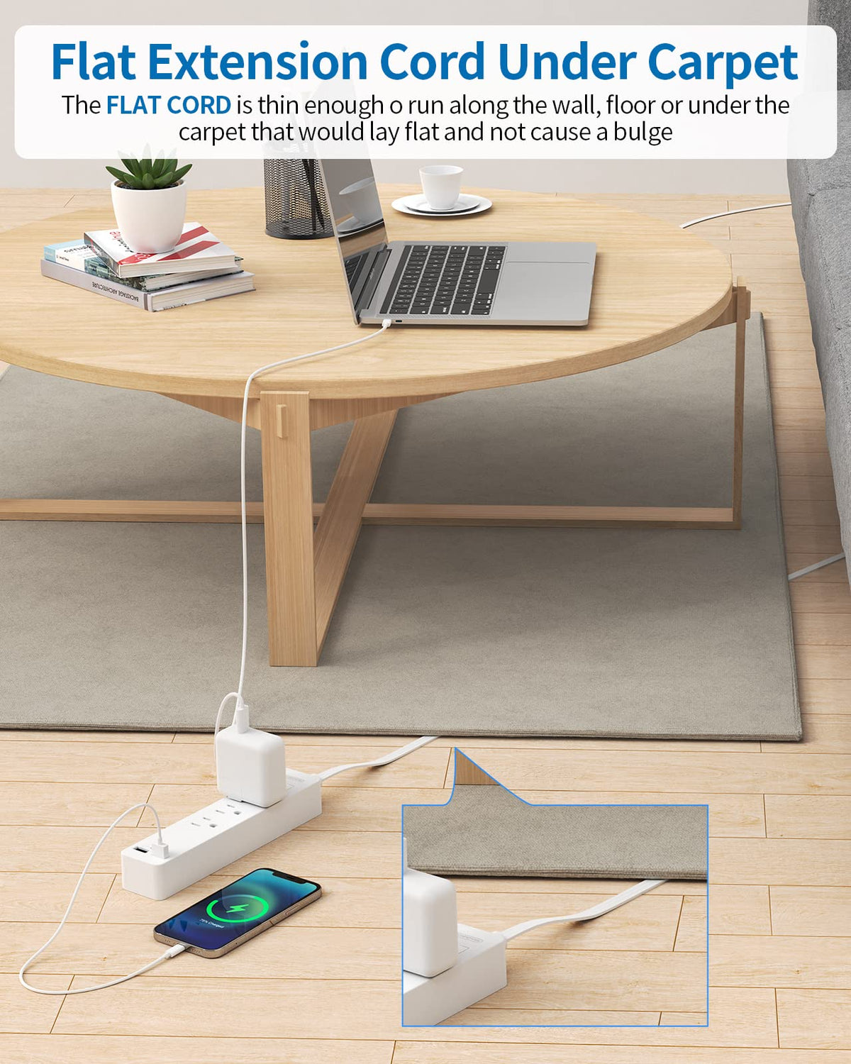 NTONPOWER tucked under carpet demonstrating low profile and safety