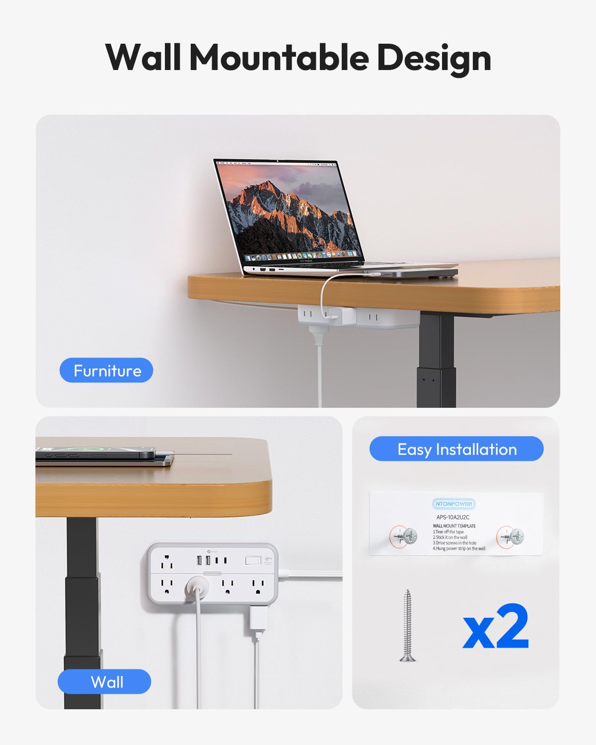 NTONPOWER thin cord tucked under desk for discreet cable management