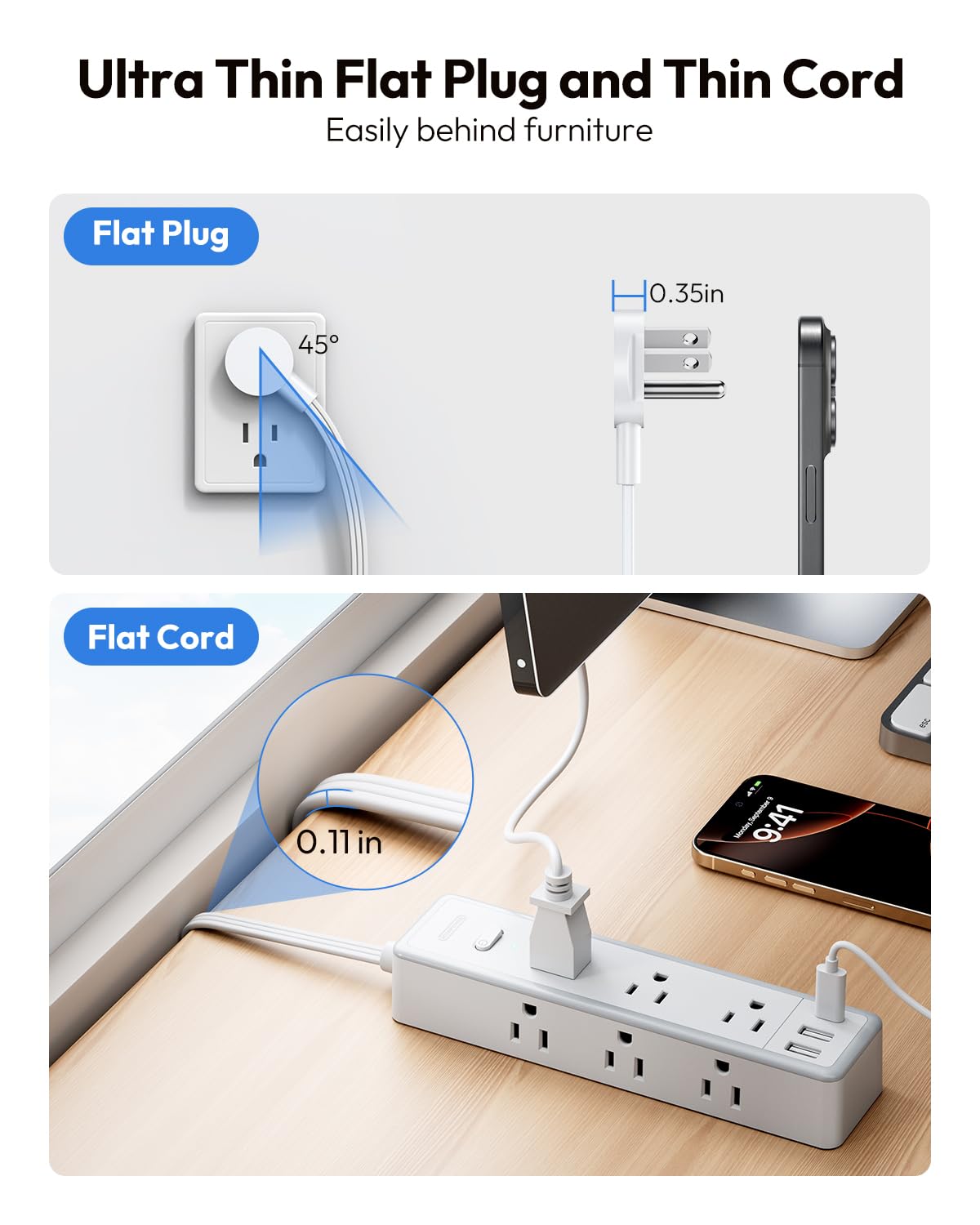 NTONPOWER hidden flat cord under sofa demonstrating discreet cable routing benefit