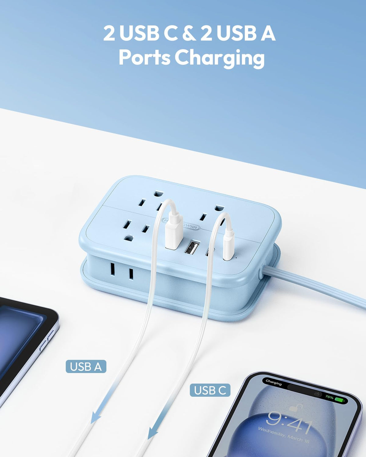 USB-A ports plus USB-C for simultaneous charging of multiple devices.