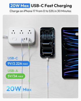 NTONPOWER close detail of USB-A and 20W USB-C ports for fast charging phones and accessories