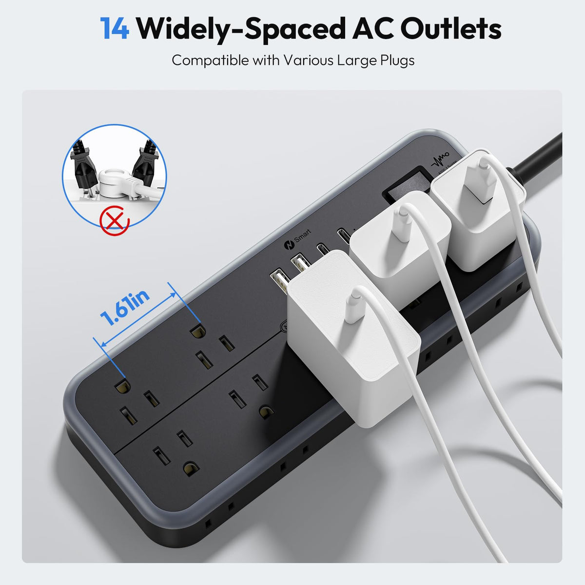 NTONPOWER USB ports and label showing USB‑C and USB‑A fast charging benefits