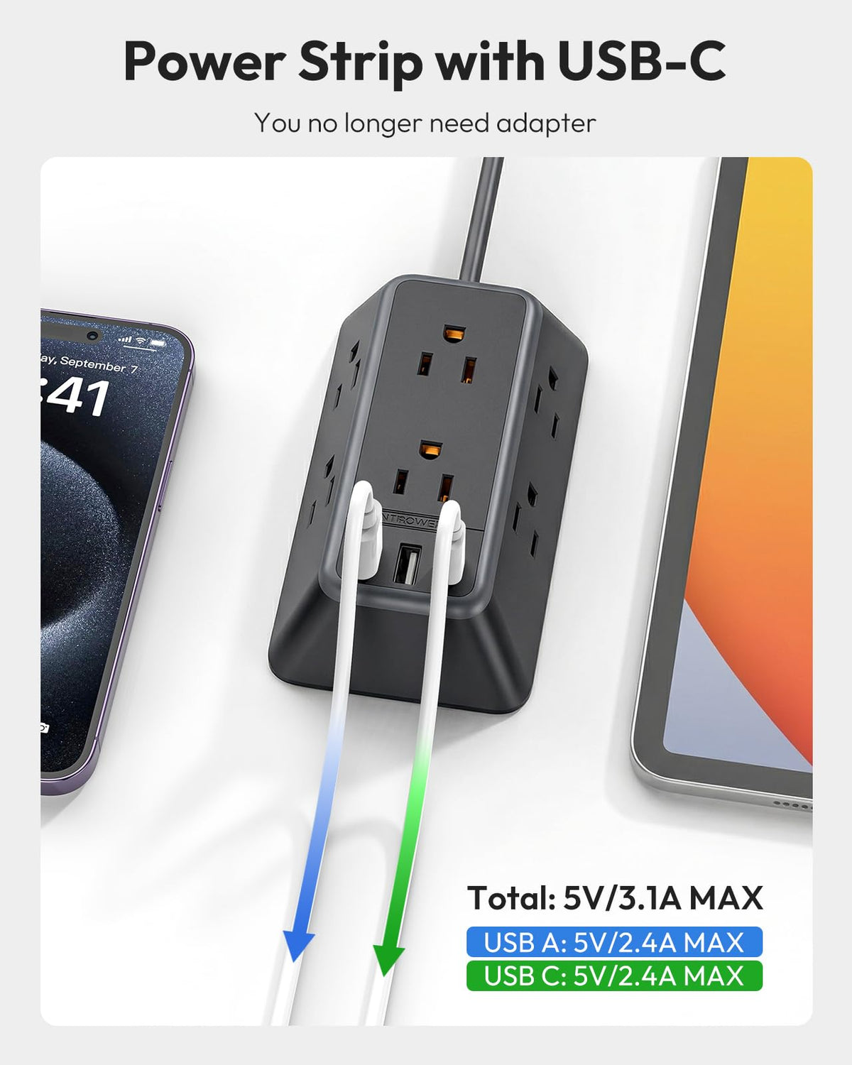NTONPOWER USB ports close-up including USB‑C for fast efficient device charging