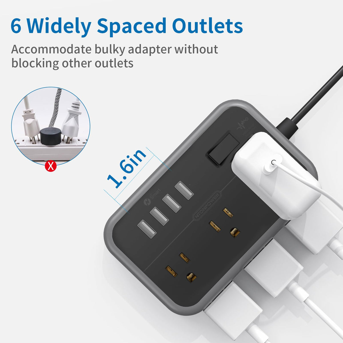 NTONPOWER USB ports close-up highlighting smart charging and fast device recharge