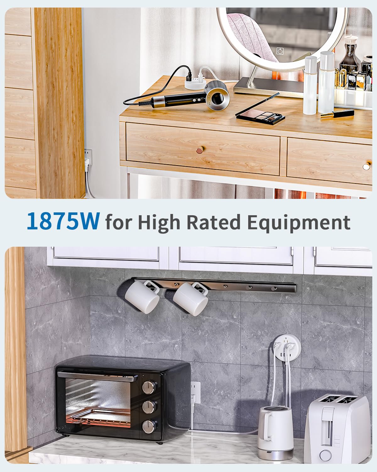 NTONPOWER wall-mount holes ready for secure installation behind a TV or desk.