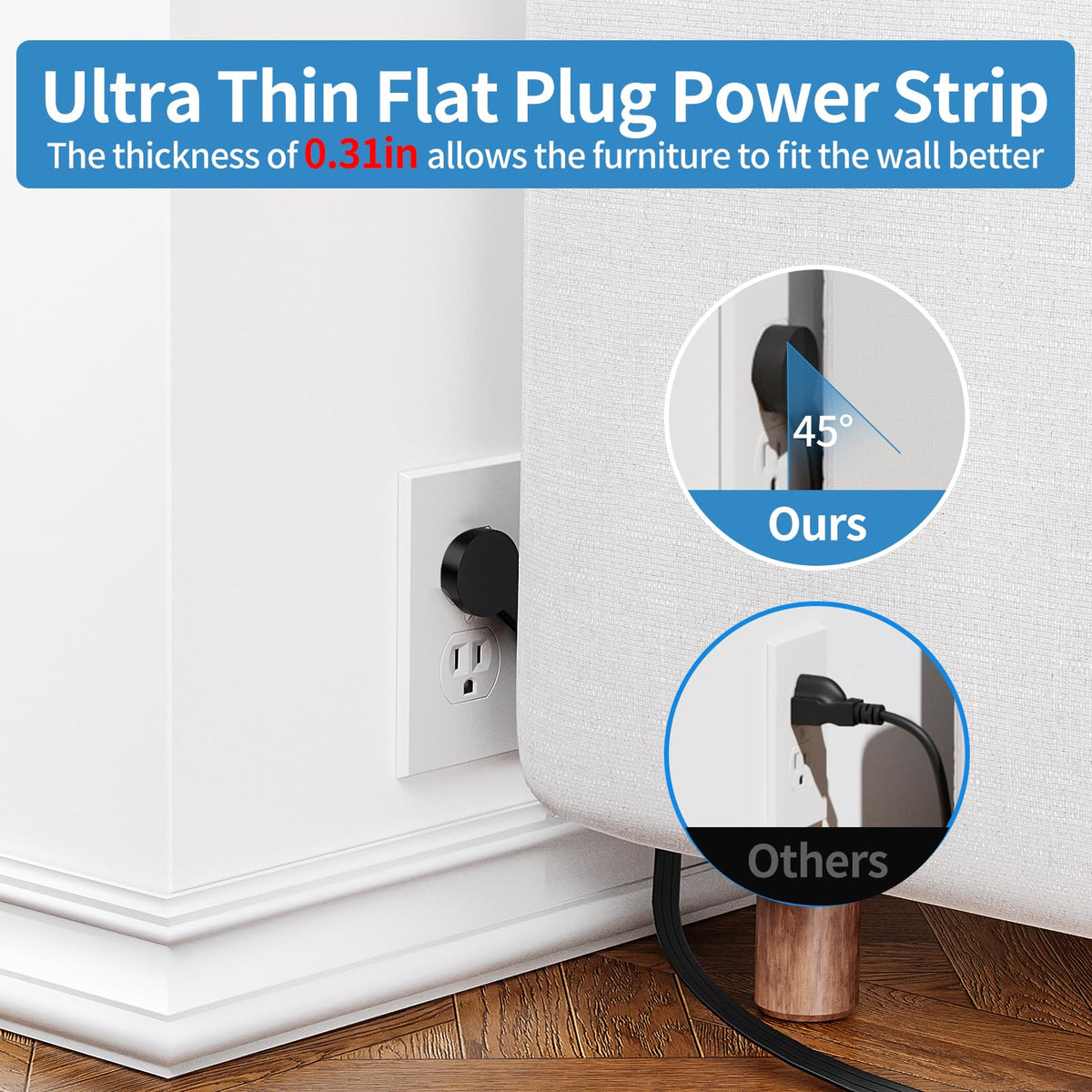 NTONPOWER wall-mount-ready power strip with back holes for secure placement