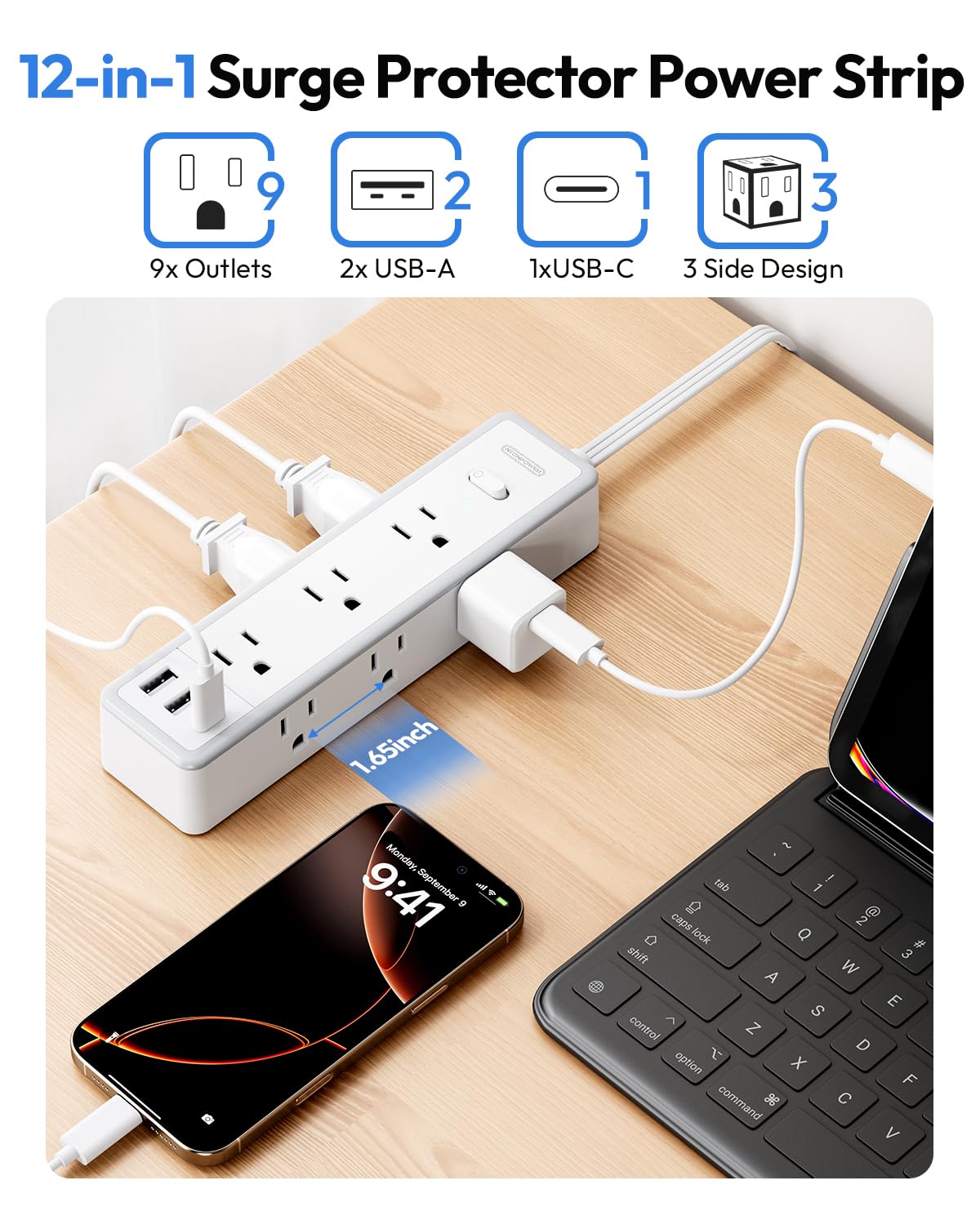 NTONPOWER topdown of widely spaced outlets preventing bulky adapter blockage