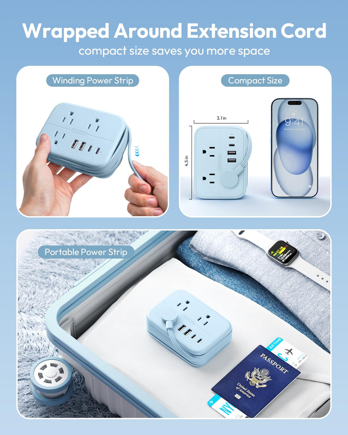 Wrap-around design of the NTONPOWER power strip aids neat cord storage.