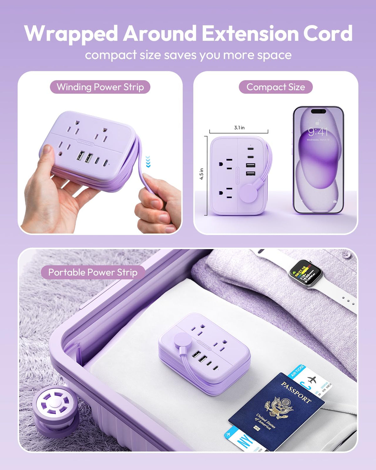 Wrap-around cord design on the NTONPOWER power strip for compact packing.