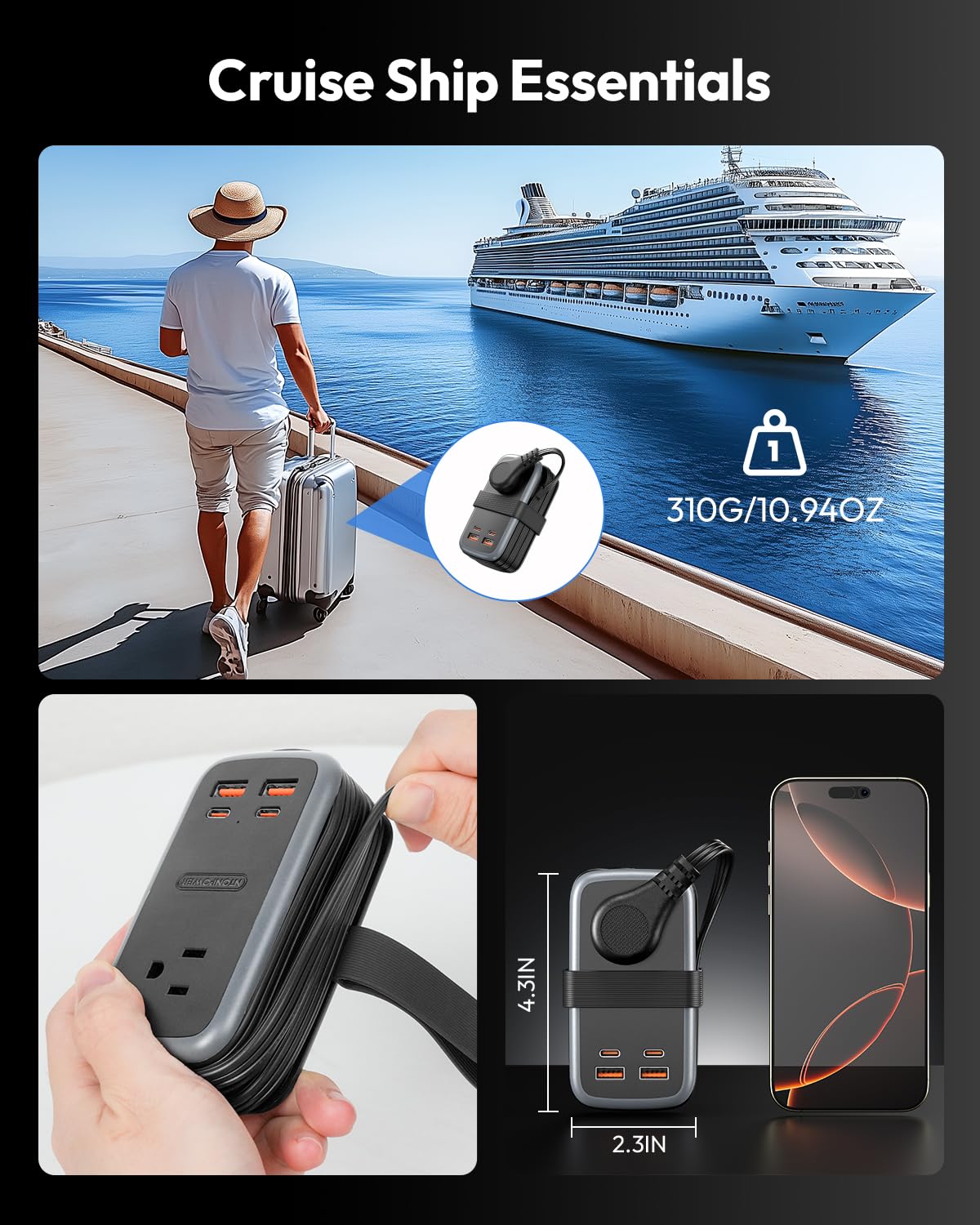 NTONPOWER wrap-around 4ft cord detail, stores neatly for travel convenience