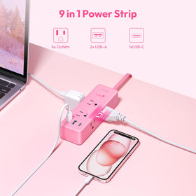 NTONPOWER pink flat-plug extension cord 45-degree design for hard-to-reach outlets.