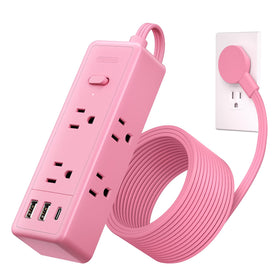 NTONPOWER pink extension cord 10 ft with 6 outlets and 3 USB ports for dorm room charging.
