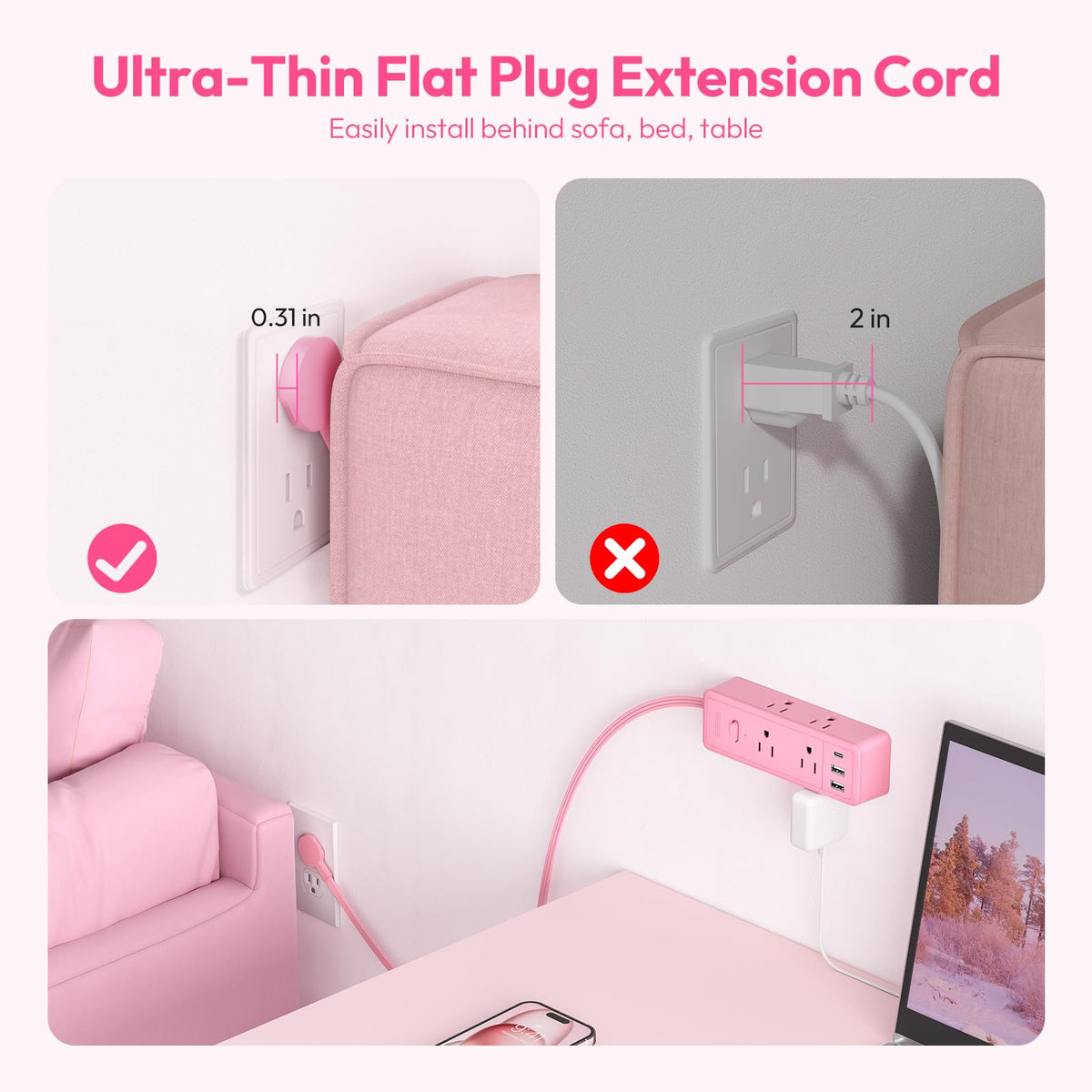 NTONPOWER pink wall-mount extension cord keeps cords off the desk.