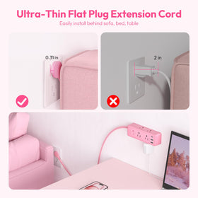 NTONPOWER pink wall-mount extension cord keeps cords off the desk.