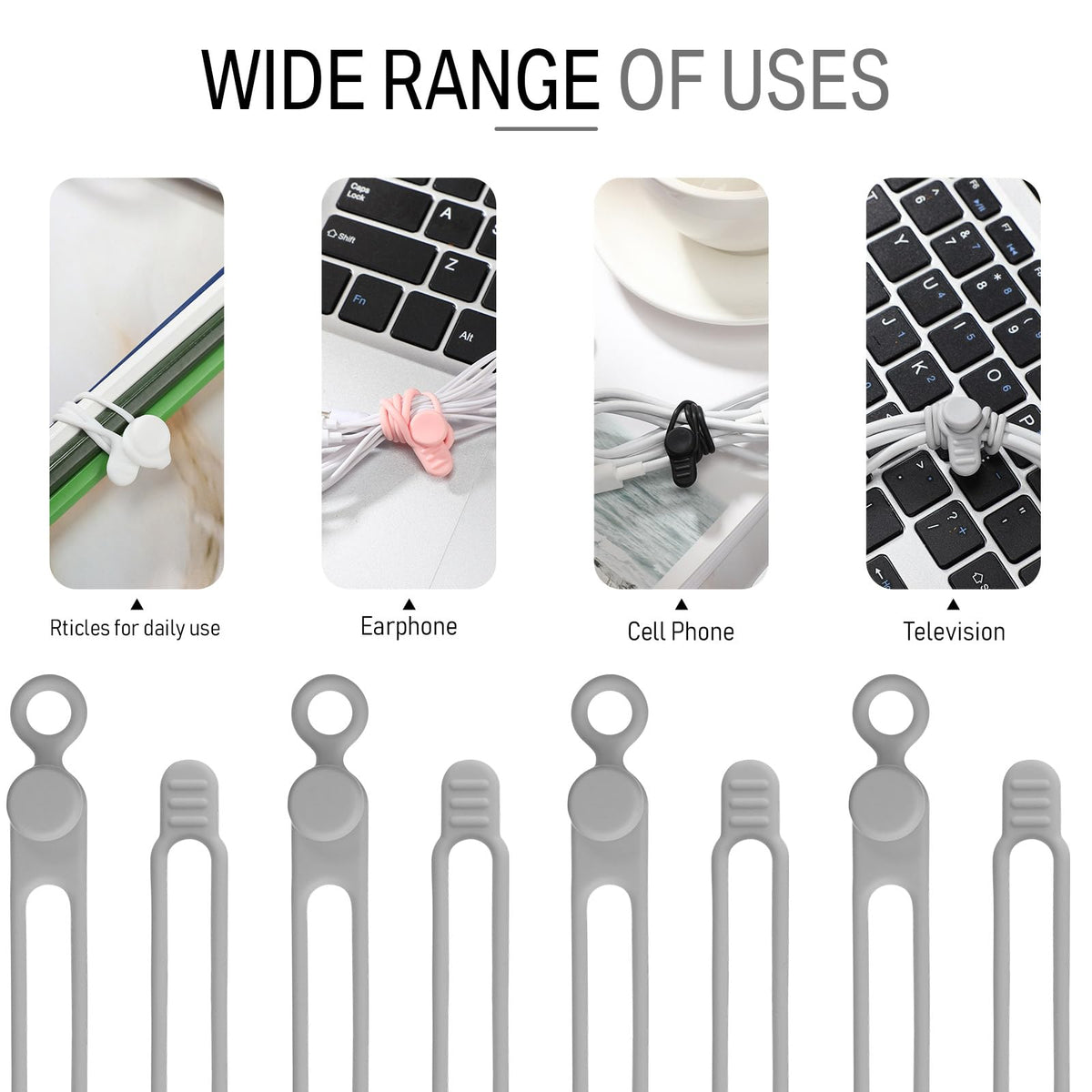 Nuanchu silicone cable ties with adjustable buckle show flexible length options for tidy cords