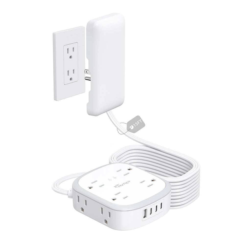 NUTICT front view of flat power strip showing outlets and USB ports, keeps workspace organized