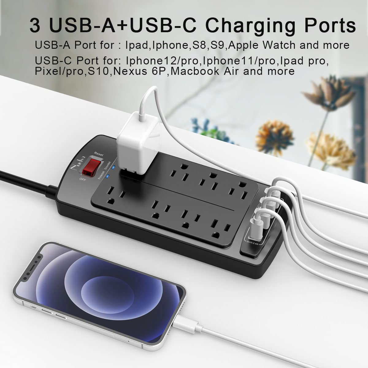 Nuetsa top view of AC outlets, spaced to accommodate bulky adapters