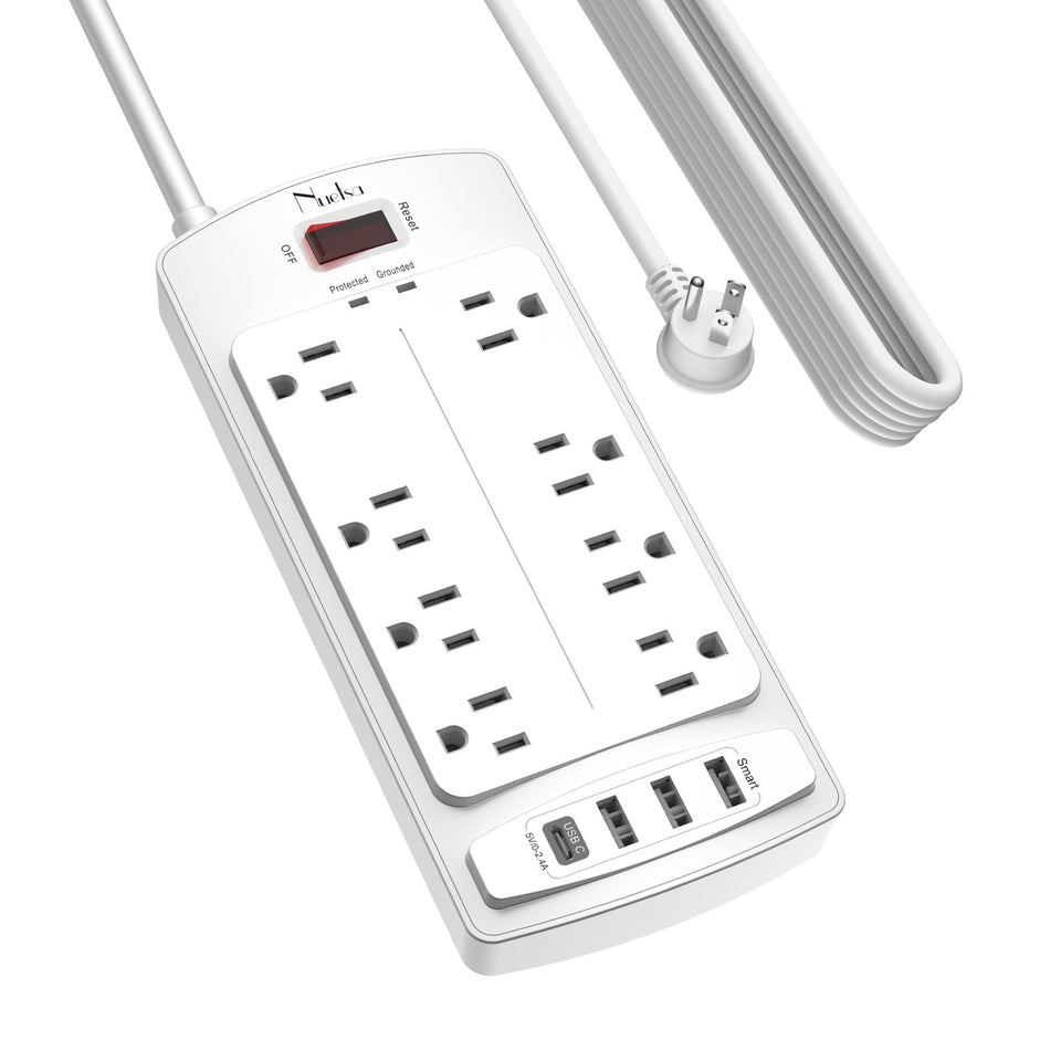 Nuetsa power strip front view showing outlets and charging convenience