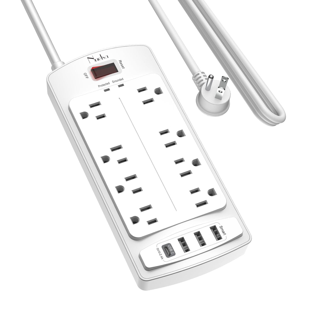 Nuetsa front view showing eight outlets and four USB ports for versatile power