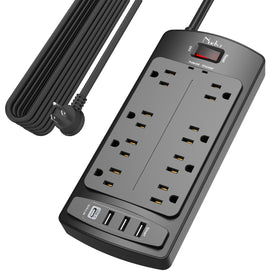 Nuetsa front view of power strip showing outlets and USB ports, organized charging