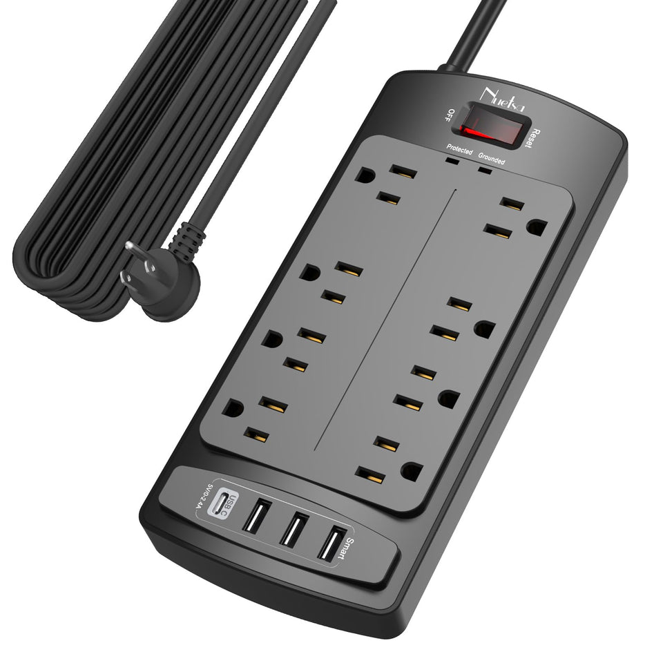 Nuetsa front view of power strip showing outlets and USB ports, organized charging