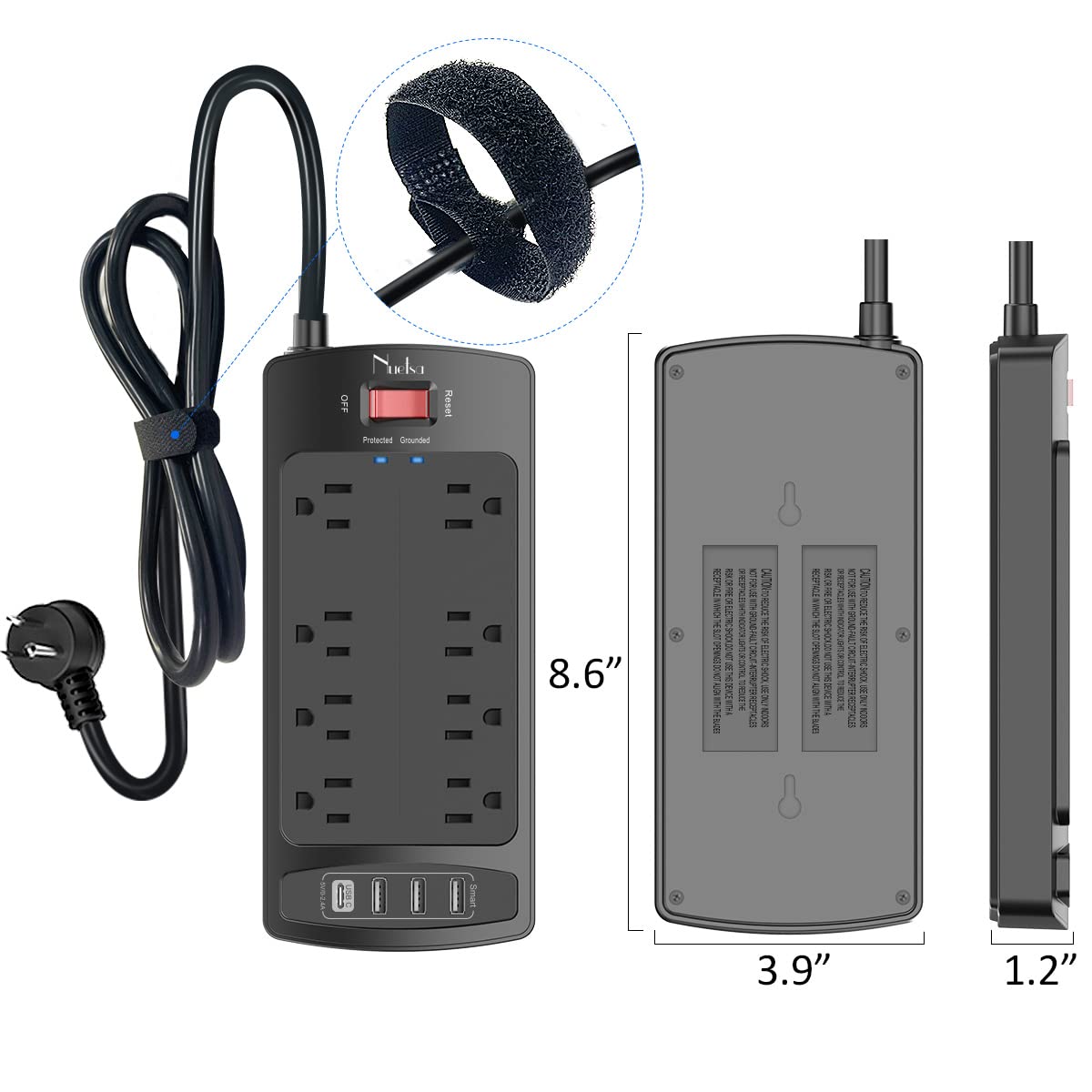 Nuetsa beside smartphone for scale, compact footprint and multiple outlets