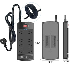 Nuetsa beside a notebook for scale, compact surge protector saves space