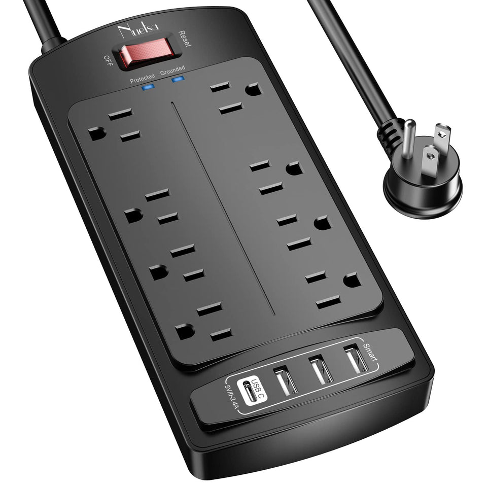 Nuetsa surge protector with eight outlets and four USB ports for versatile charging.