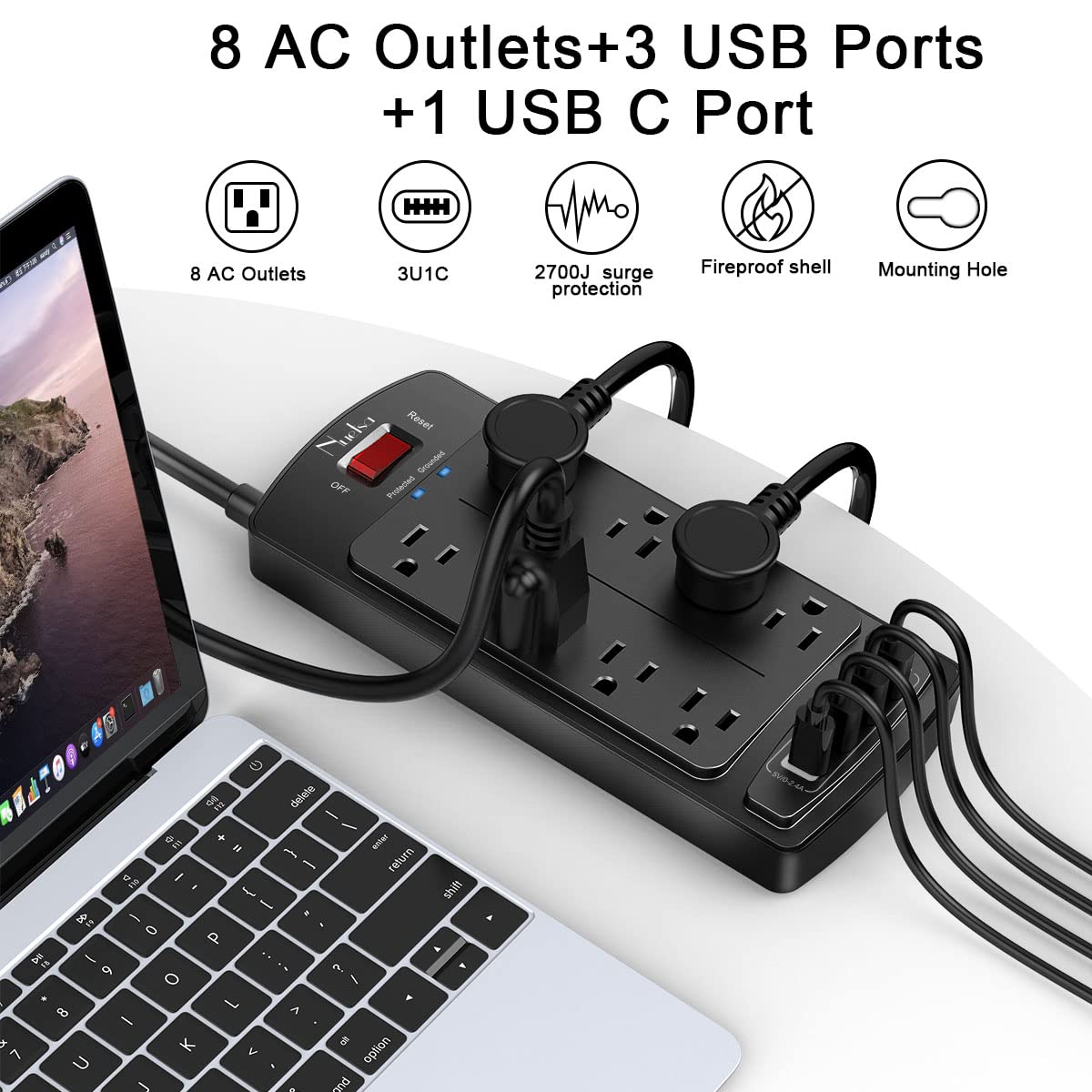 Nuetsa top view displaying eight AC outlets, prevents adapter crowding