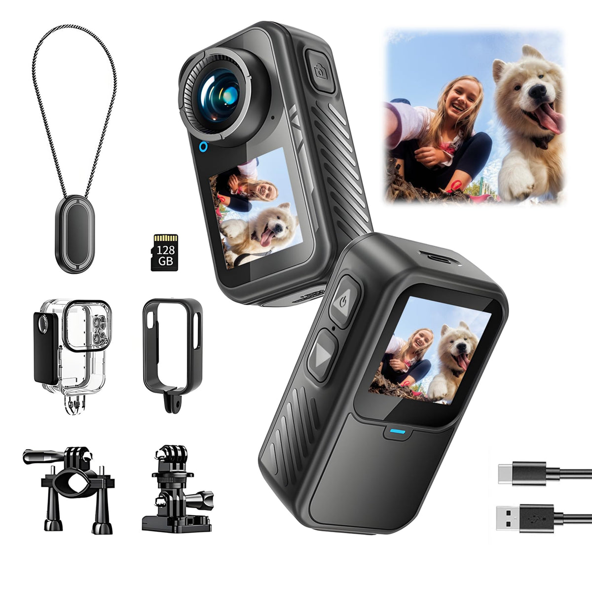 NUISK 4K mini action camera front display for easy framing and review