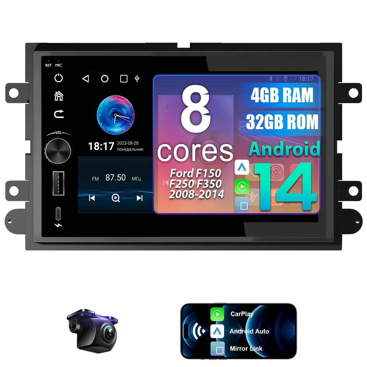 Nunoo 8-core radio on Ford F-150 dashboard with CarPlay readiness.