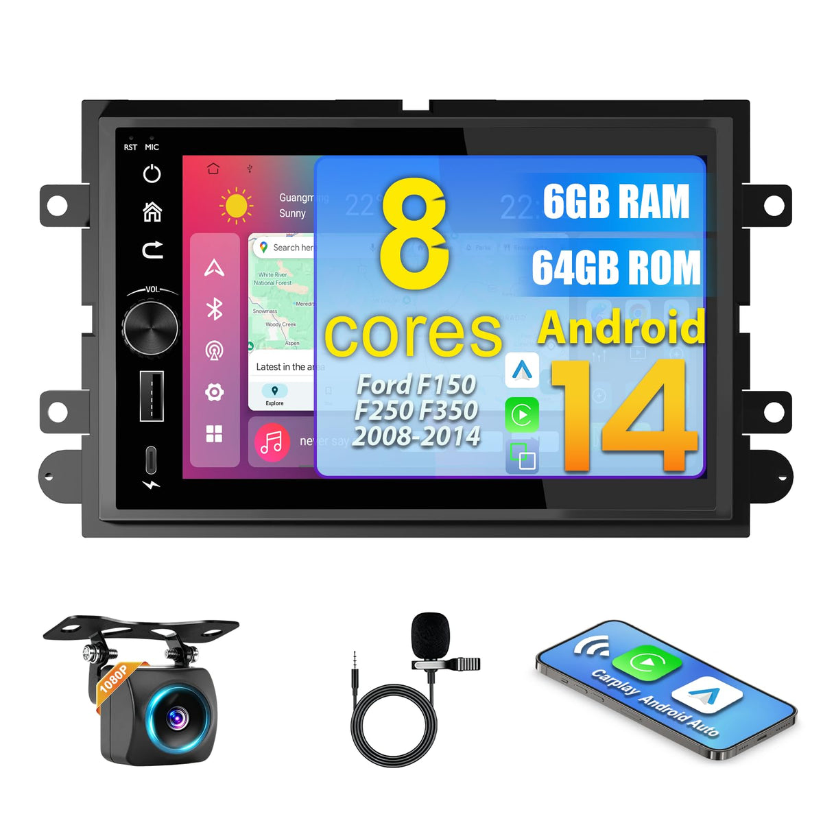 Nunoo 8-core Android 14 car radio front view with powerful performance for Ford F-150