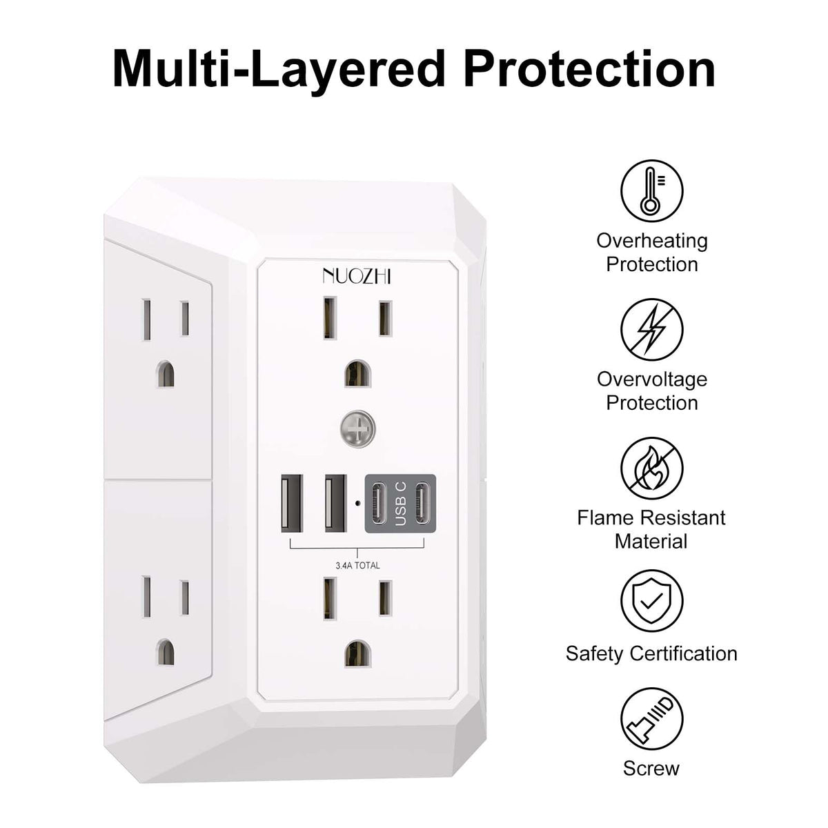 NUOZHI side view highlighting wide outlet spacing for bulky adapters