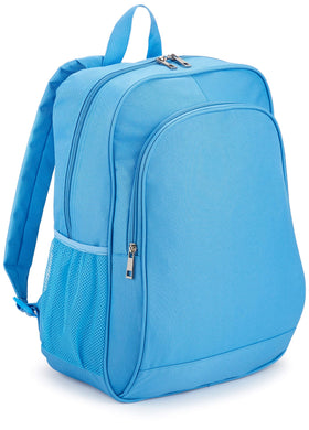 Nupro front view of blue kids backpack showing zippered closure and handles for easy carrying