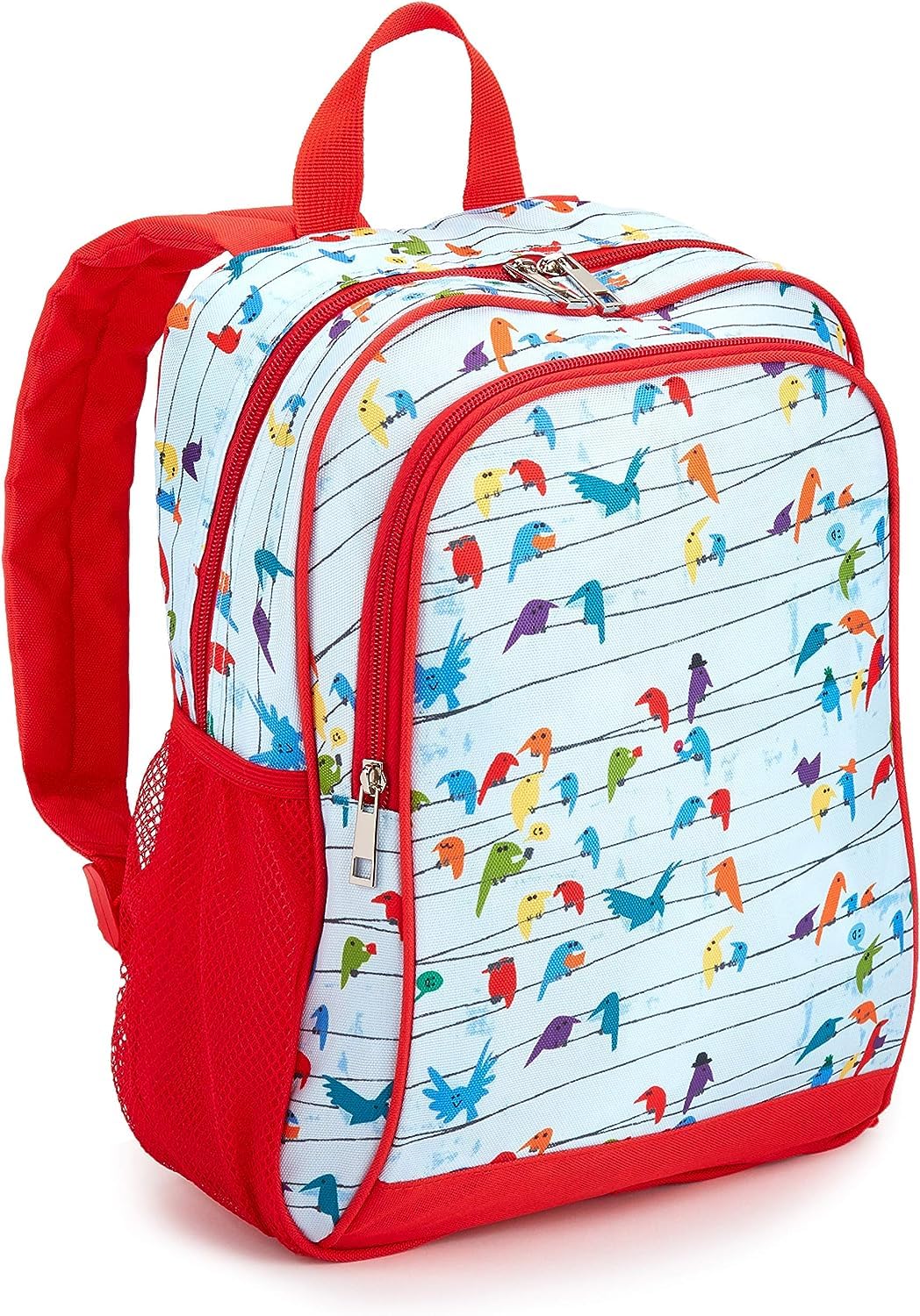 Nupro birds backpack front view showing secure tablet fit and cheerful print