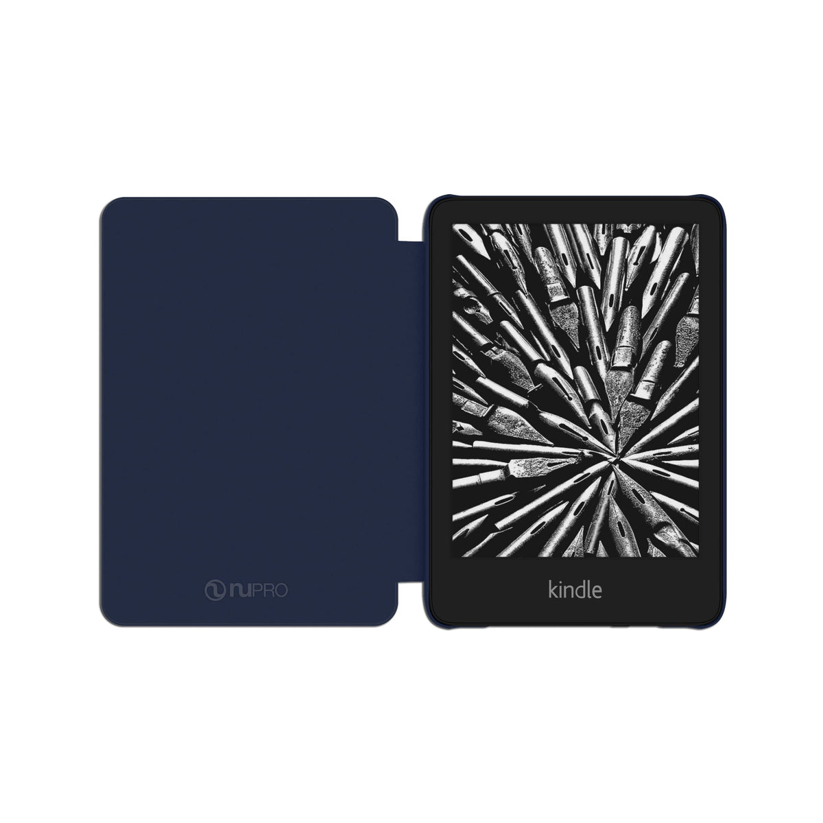 Nupro Kindle bookcover open for reading facilitates one-handed use.