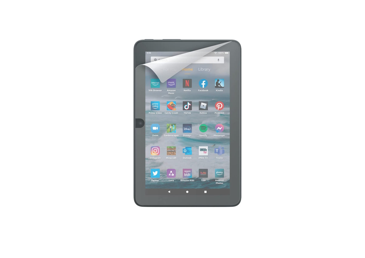 NuPro Clear Screen Protector for Fire 7 shows a transparent fit protecting the display from scratches