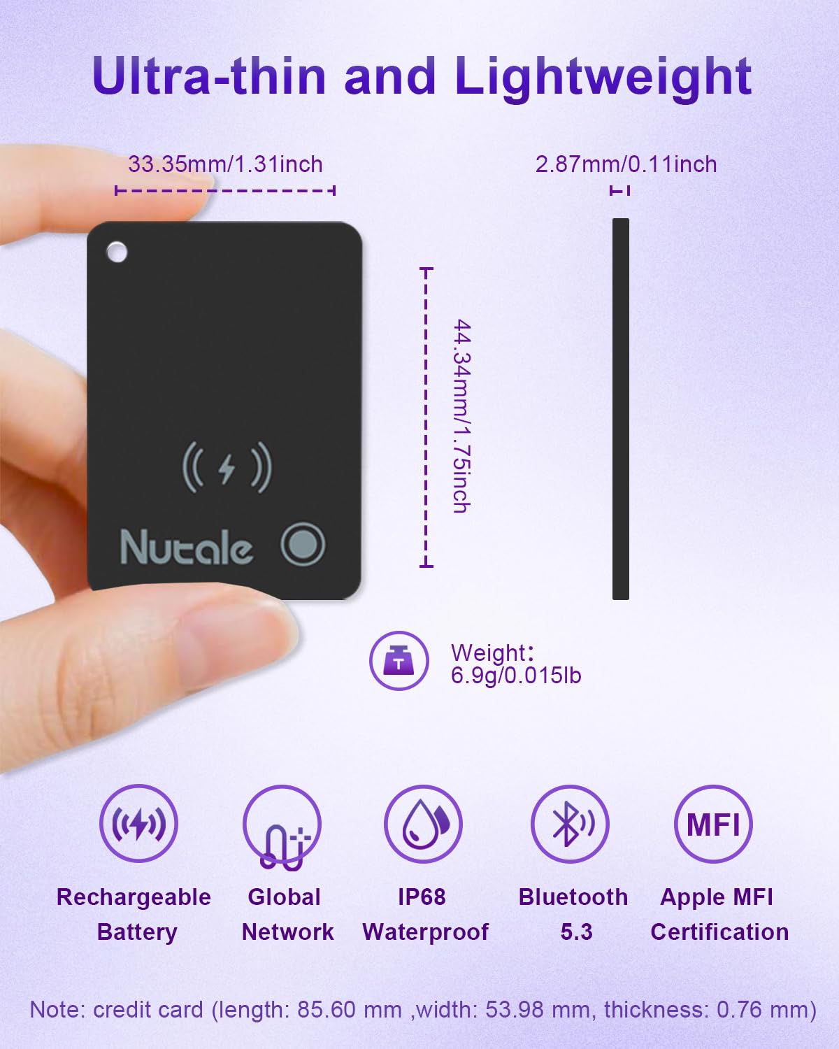 Nutale tracker thin side profile demonstrating slim design and easy wallet fit