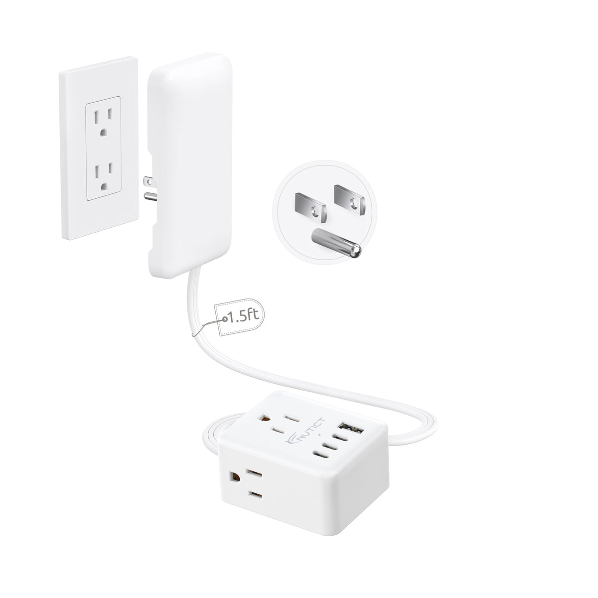 NUTICT 1.5ft flat extension cord mounted on wall conceals outlets for a neat space.