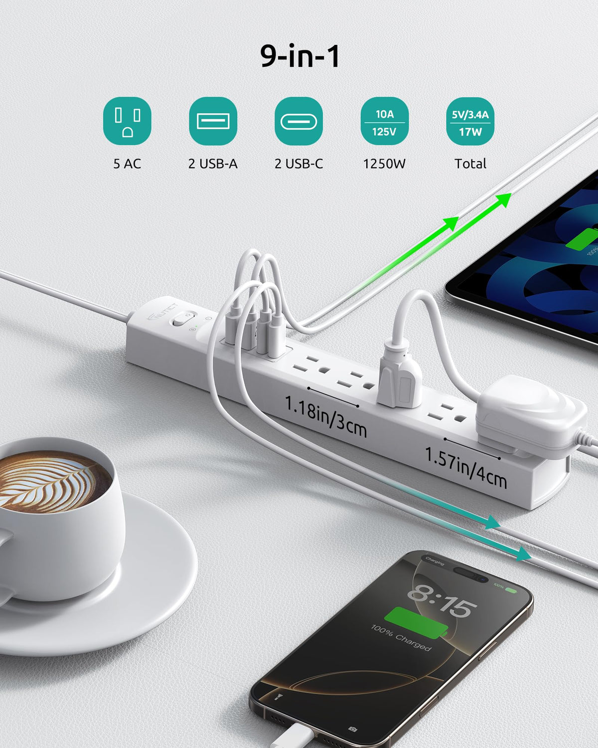 NUTICT power strip with five outlets and four USB ports for versatile charging.